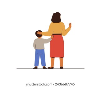 Against Child abuse or maltreatment. Woman who protects small boy. Mother cares about her son and stop bullying by stop gesture. Female person fights with harm to a child. Vector illustration