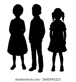 Against a crisp white backdrop, the stark black silhouettes of three children create a compelling composition. Two girls, each adorned in dresses, stand flanking a boy positioned in the center. 