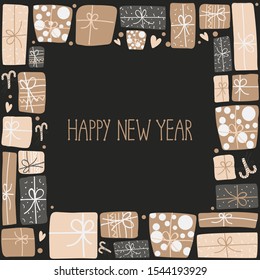 Against a dark background, the inscription Happy New Year and a frame of gift boxes, hearts and lollipops