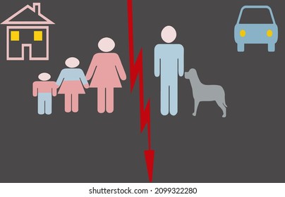 Against a gray background, a man and a dog stand on one side, a car above. On the second side there is a woman, a girl and a boy, at the top is a house. A red arrow separates them. 