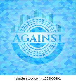 Against light blue emblem with triangle mosaic background