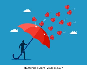 Against popular trends. Businessman holding umbrella to prevent heart attack