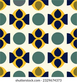 Against a pristine white background, a lively art deco pattern emerges in blue, yellow, and green shades, presenting an eye catching seamless design.