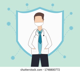 Against and protecting the concept of the Coronavirus COVID-19 outbreak, doctors wore sanitary masks with a stethoscope holding a protective shield and a vaccine box to protect against COVID-19 corona