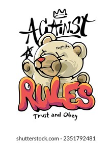 against rules calligraphy slogan with cartoon bear aginst clear window vector illustration