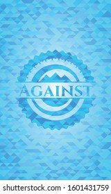 Against sky blue emblem with triangle mosaic background