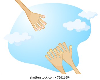 Against the sky stretched out a helping hand from above. To stretch her ??two hands. Vector cartoon drawing.