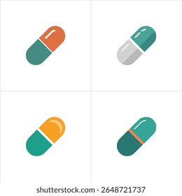 Against a stark white backdrop, observe a quartet of capsule icons, each uniquely colored with combinations of grey, teal, orange, and yellow hues, presenting diverse designs.