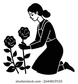Contra um fundo transparente, uma mulher monocromática com cabelo em um pão ajoelha-se usando luvas de jardinagem e tende a rosas com cuidado meticuloso nesta imagem vetorial simples.