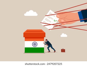 Against voting in India. Businessman with a ballot box trying to pushing away with full effort. Vote no campaign and protest signs for a political or social issue. Flat vector illustration