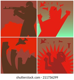 Against the war. Symbolic image of the horrors of war. The man on the background of the bombing. Shooting people.