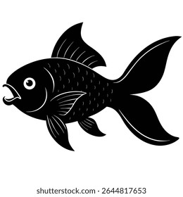 Against a white backdrop, this vector shows a black goldfish with white outlines, a dorsal fin, a tail fin, and an open mouth, depicted in full detail.