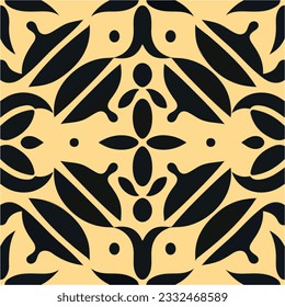 Against a yellow backdrop, an artistic tribal pattern in black and yellow emerges. This symmetric Indian inspired design incorporates elements of art nouveau, resulting in a visually striking.