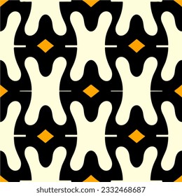 Against a yellow background, a black and white pattern forms a Sierpinski gasket. The irregularly shaped mosaic tiles create a visually intriguing and symmetrical seamless pattern.