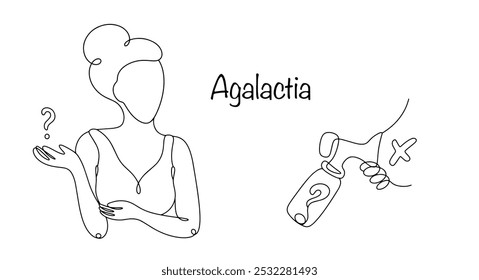 Agalactia. A condition in which there is no milk production in a woman who has given birth. Drawing of a woman with a lack of breast milk. Unproductive expression of milk. Vector illustration.