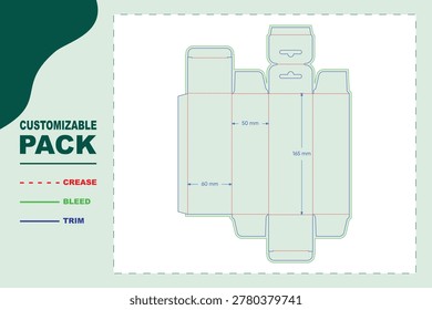Agarbatti box dieline template with hanging hole, featuring 50mm and 60mm width dimensions, tuck end fold layout, and color-coded crease, bleed, and trim lines