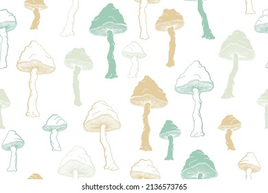 Agaric choky mushrooms seamless pattern illustration. Fairy forest fungus isolated. Pale toadstool or amanita mushrooms print. Agaric sketch. Textile print background.