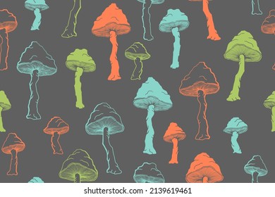 Agaric choky mushrooms seamless pattern illustration. Mystery forest fungus isolated. Pale toadstool or amanita mushrooms print. Agaric doodle. Fabric print background.