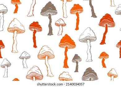Agaric choky mushrooms seamless pattern illustration. Magic forest fungus isolated. Pale toadstool or amanita mushrooms print. Agaric doodle. Fabric print background.