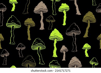 Las setas de choky ágaro son una perfecta ilustración del patrón. Fantasía en la selva aislada. Impresión de toadstool pálido o hongos amanita. Doodle ágaro. Fondo de impresión textil.