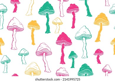 Agaric choky mushrooms seamless pattern illustration. Mystery forest fungus isolated. Pale toadstool or amanita mushrooms print. Agaric sketch. Fabric print background.