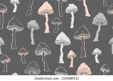 Agaric choky mushrooms seamless pattern illustration. Fairy forest fungus isolated. Pale toadstool or amanita mushrooms print. Agaric sketch. Fabric print background.