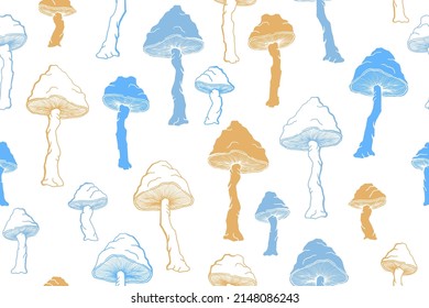 Agaric choky mushrooms seamless pattern illustration. Fairy forest fungus isolated. Pale toadstool or amanita mushrooms print. Agaric sketch. Textile print background.
