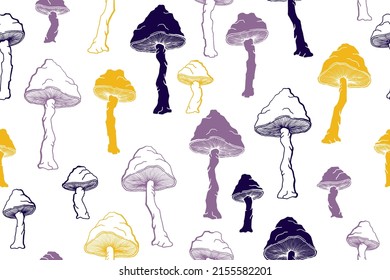 Agaric choky mushrooms seamless pattern illustration. Mystery forest fungus isolated. Pale toadstool or amanita mushrooms print. Agaric sketch. Textile print background.