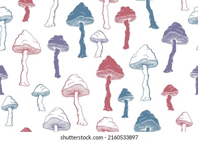 Agaric choky mushrooms seamless pattern illustration. Mystery forest fungus isolated. Pale toadstool or amanita mushrooms print. Agaric sketch. Fabric print background.