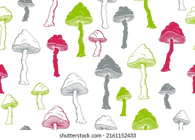 Agaric choky mushrooms seamless pattern illustration. Mystery forest fungus isolated. Pale toadstool or amanita mushrooms print. Agaric sketch. Fabric print background.