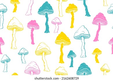 Agaric choky mushrooms seamless pattern illustration. Fantasy forest fungus isolated. Pale toadstool or amanita mushrooms print. Agaric doodle. Textile print background.