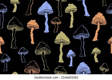 Agaric choky mushrooms seamless pattern illustration. Mystery forest fungus isolated. Pale toadstool or amanita mushrooms print. Agaric sketch. Textile print background.