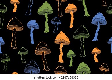 Agaric choky mushrooms seamless pattern illustration. Mystery forest fungus isolated. Pale toadstool or amanita mushrooms print. Agaric doodle. Fabric print background.