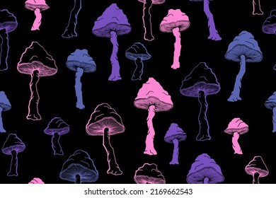 Agaric choky mushrooms seamless pattern illustration. Fairy forest fungus isolated. Pale toadstool or amanita mushrooms print. Agaric doodle. Textile print background.