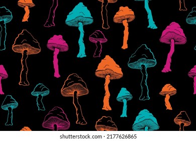 Agaric choky mushrooms seamless pattern illustration. Mystery forest fungus isolated. Pale toadstool or amanita mushrooms print. Agaric doodle. Fabric print background.