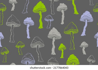 Las setas de choky ágaro son una perfecta ilustración del patrón. El hongo del bosque mágico aislado. Impresión de toadstool pálido o hongos amanita. Doodle ágaro. Fondo de impresión de tejido.