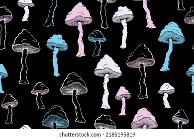 Agaric choky mushrooms seamless pattern illustration. Magic forest fungus isolated. Pale toadstool or amanita mushrooms print. Agaric sketch. Textile print background.