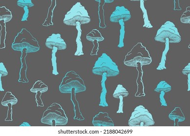 Agaric choky mushrooms seamless pattern illustration. Fantasy forest fungus isolated. Pale toadstool or amanita mushrooms print. Agaric sketch. Fabric print background.