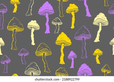 Agaric choky mushrooms seamless pattern illustration. Fantasy forest fungus isolated. Pale toadstool or amanita mushrooms print. Agaric doodle. Fabric print background.