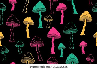 Agaric choky mushrooms seamless pattern illustration. Fantasy forest fungus isolated. Pale toadstool or amanita mushrooms print. Agaric sketch. Fabric print background.