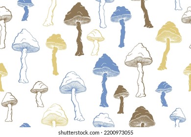 Agaric choky mushrooms seamless pattern illustration. Fantasy forest fungus isolated. Pale toadstool or amanita mushrooms print. Agaric doodle. Textile print background.