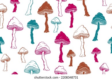 Agaric choky mushrooms seamless pattern illustration. Magic forest fungus isolated. Pale toadstool or amanita mushrooms print. Agaric doodle. Textile print background.