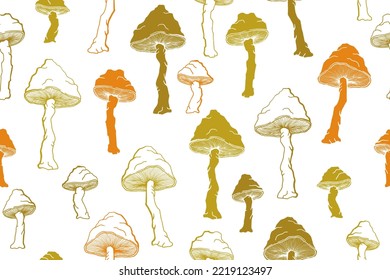 Las setas de choky ágaro son una perfecta ilustración del patrón. Fantasía en la selva aislada. Impresión de toadstool pálido o hongos amanita. Esbozo de arte. Fondo de impresión de tejido.
