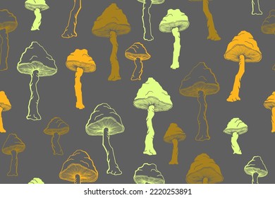 Agaric choky mushrooms seamless pattern illustration. Fairy forest fungus isolated. Pale toadstool or amanita mushrooms print. Agaric sketch. Fabric print background.