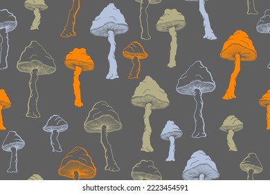 Agaric choky mushrooms seamless pattern illustration. Fantasy forest fungus isolated. Pale toadstool or amanita mushrooms print. Agaric doodle. Textile print background.