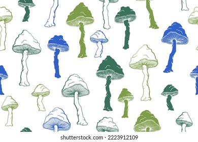 Agaric choky mushrooms seamless pattern illustration. Magic forest fungus isolated. Pale toadstool or amanita mushrooms print. Agaric sketch. Textile print background.