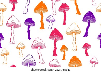 Agaric choky mushrooms seamless pattern illustration. Fairy forest fungus isolated. Pale toadstool or amanita mushrooms print. Agaric sketch. Fabric print background.