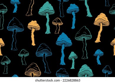 Agaric choky mushrooms seamless pattern illustration. Fantasy forest fungus isolated. Pale toadstool or amanita mushrooms print. Agaric sketch. Textile print background.