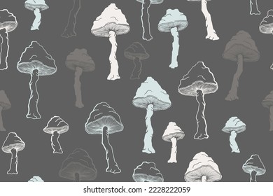 Agaric choky mushrooms seamless pattern illustration. Mystery forest fungus isolated. Pale toadstool or amanita mushrooms print. Agaric sketch. Fabric print background.