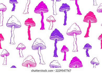 Agaric choky mushrooms seamless pattern illustration. Magic forest fungus isolated. Pale toadstool or amanita mushrooms print. Agaric sketch. Fabric print background.